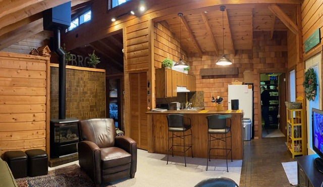 Up-north wood cabin, steps from river, 1 mile to Crystal Mtn Resort, free wifi. in Thompsonville